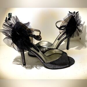 Nina Corvala Black Stiletto Heels with Adorned Tulle Flower. Size 7.5